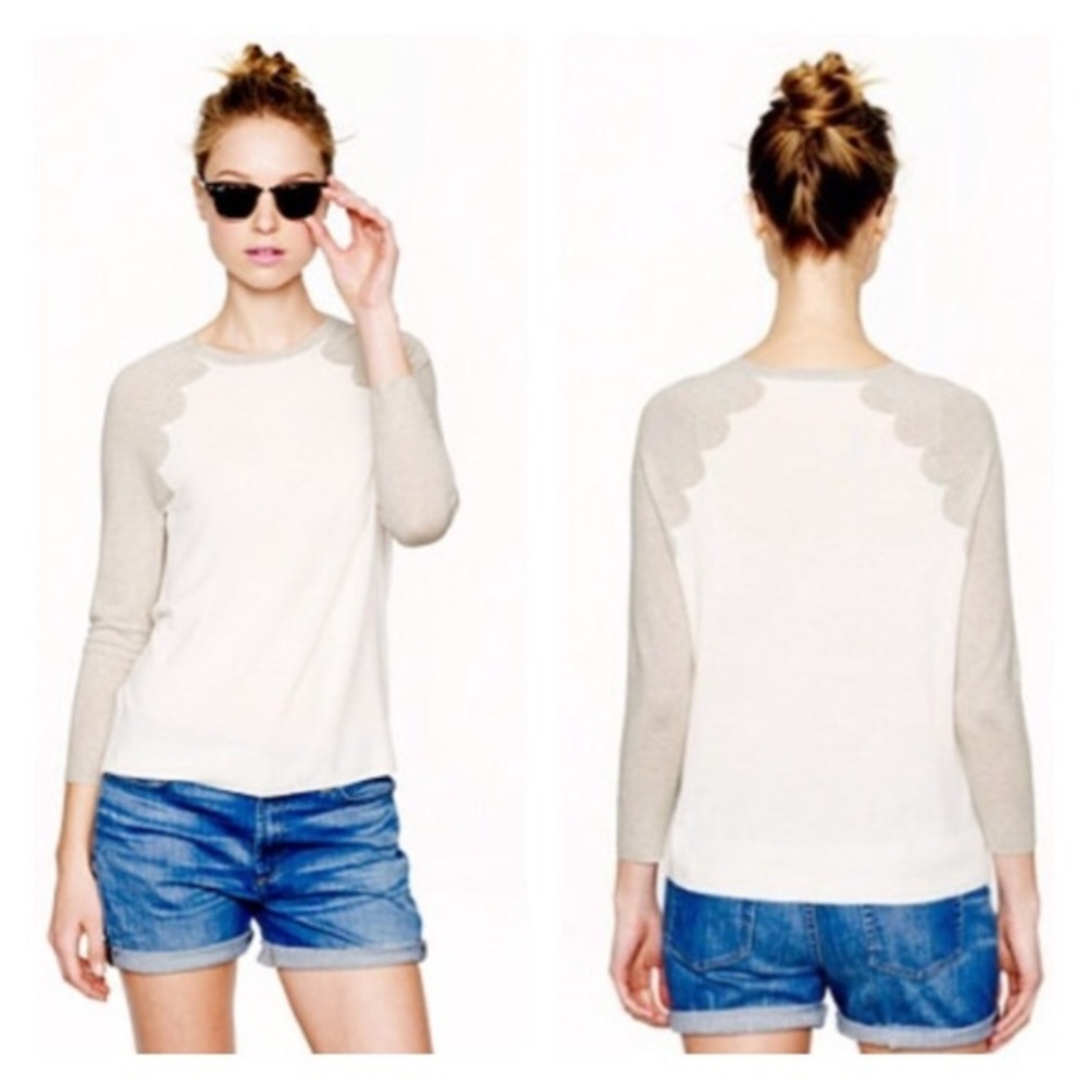 New J. Crew intarsia raglan sleeve contrast scallop detail sporty knit sweater